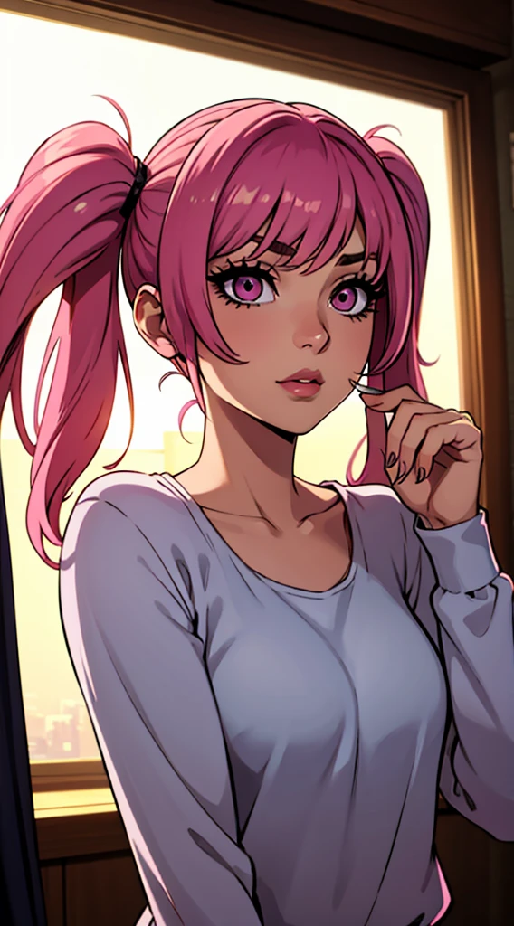 4K, Twin tails ,Lens flare, Pink Hair ,mascara, eyeliner, God's Rays, 4K, 8k, Highest quality, masterpiece, hyper detailed, 複雑なdetailed, One topless girl, alone, detailed, detailedなフューシャ色の髪 ++, detailed pink eyes ++, Ray Tracing, Perfect Shadow, High resolution, Enhanced Eyes, Huge breasts, Fascinating, hyper detailed, Huge Ass, Pink Hair bows, Raise the hand, Underarm, Sweaty, wet Underarm, Raise your arms above your head, In-person audience
