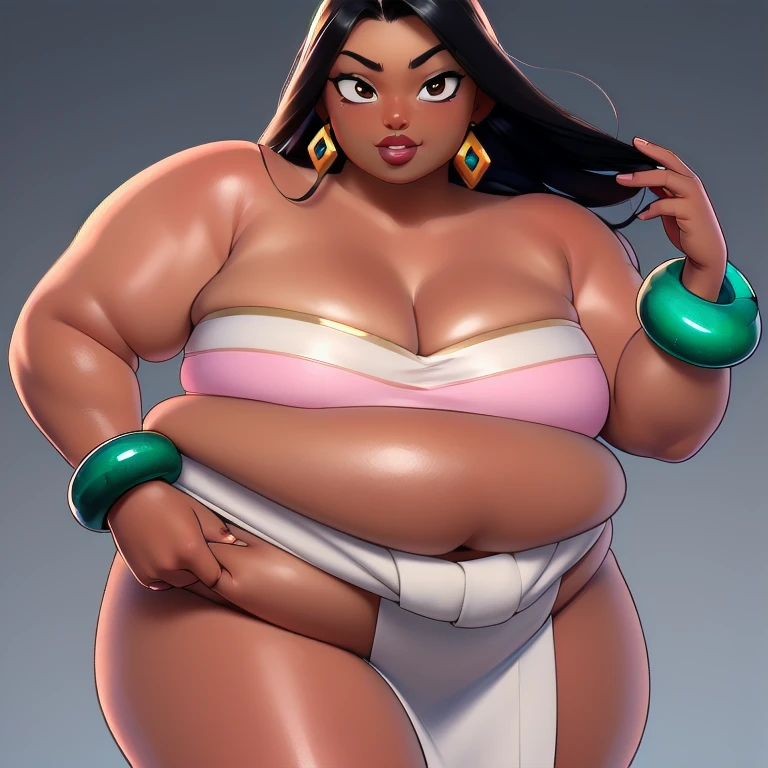 ((ultra quality)), ((masterpiece)), Chel, ((black-haired long hair)), (Beautiful face), (beautiful female lips), (), charming, ((sexy facial expression)), looks at the camera, (dark skin color), (dark skin), glare on the body, ((Detailed eyes)), ((Hazel eyes)), (juicy female lips), (brown lips), (dark eyeliner), (beautiful female hands), ((ideal female fat figure)), female body plus, beautiful waist, beautiful hips, medium breasts, ((subtle and beautiful)), stands seductively, (Wearing: tube top, loincloth, emerald bracelet's and golden earrings:1.2), background: stone temple, ((depth of field)), ((high quality clear image)), (clear details), ((high detail)), realistically, professional photo session, ((Clear Focus))
