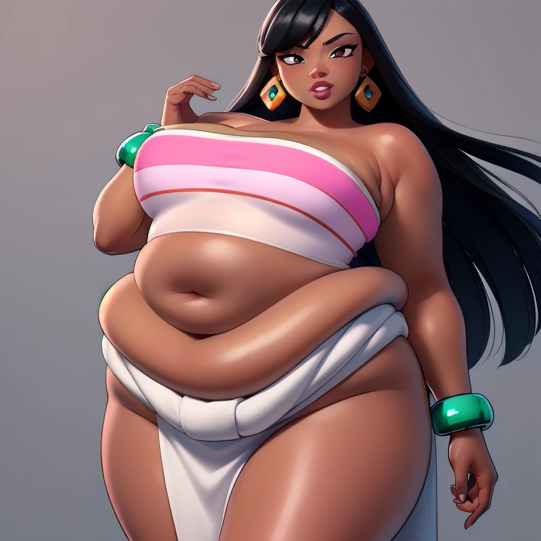 ((ultra quality)), ((masterpiece)), Chel, ((black-haired long hair)), (Beautiful face), (beautiful female lips), (), charming, ((sexy facial expression)), looks at the camera, (dark skin color), (dark skin), glare on the body, ((Detailed eyes)), ((Hazel eyes)), (juicy female lips), (brown lips), (dark eyeliner), (beautiful female hands), ((ideal female fat figure)), female body plus, beautiful waist, beautiful hips, medium breasts, ((subtle and beautiful)), stands seductively, (Wearing: tube top, loincloth, emerald bracelet's and golden earrings:1.2), background: stone temple, ((depth of field)), ((high quality clear image)), (clear details), ((high detail)), realistically, professional photo session, ((Clear Focus))
