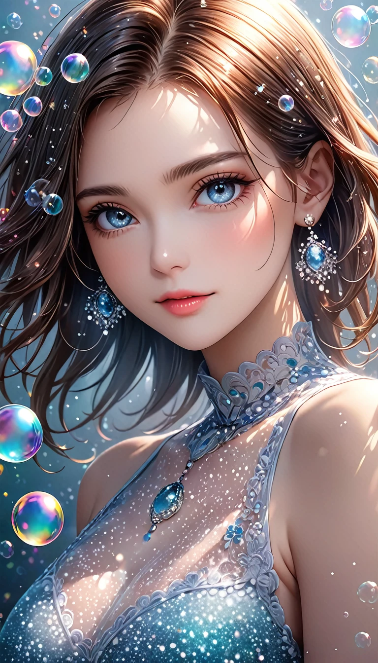 beautiful woman, portrait, shading effects, gradation magic effects, glitter effects, soap bubbles effects, foggy filter effect, (ultra detailed, absolutely resolution, best quality:1.3), 2.5D, delicate and dynamic, artistic photography, hyper realistic, graphic CG digital art