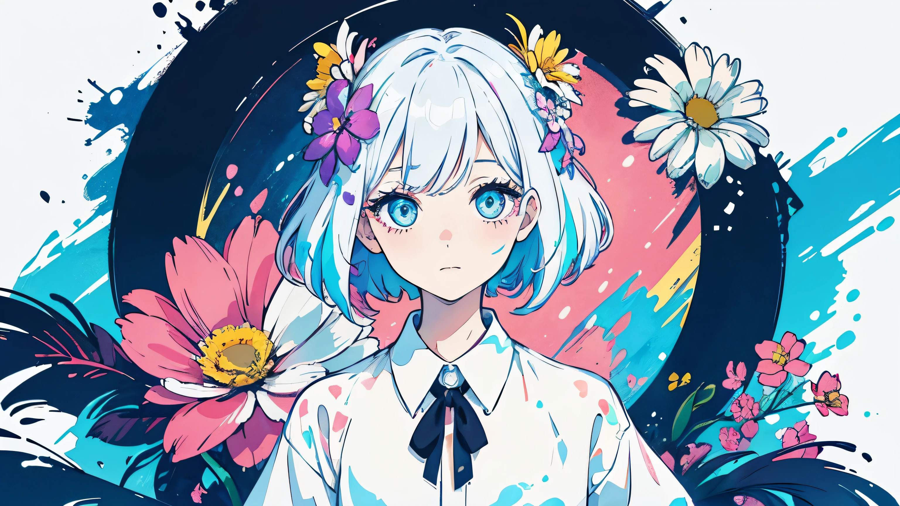 Lovely beautiful girl,1 girl,Wearing a platinum shirt,Half-body photo,Black clear eyes,Small face,Color Splash,Color Splash,Messy Lineouth closed,Long eyelashes,White shirt,Upper Body,Paint splashes,Acrylic paint,Rainbow Hair,Highest quality,In the background is a sky dotted with flowers.