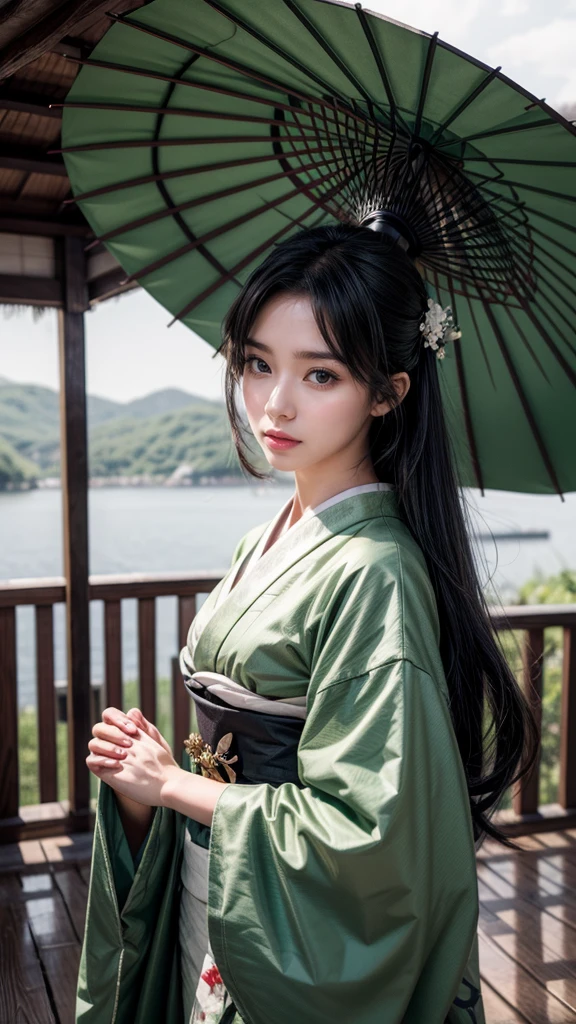 Anime dark skin geisha green eyes holding umbrella, fan
