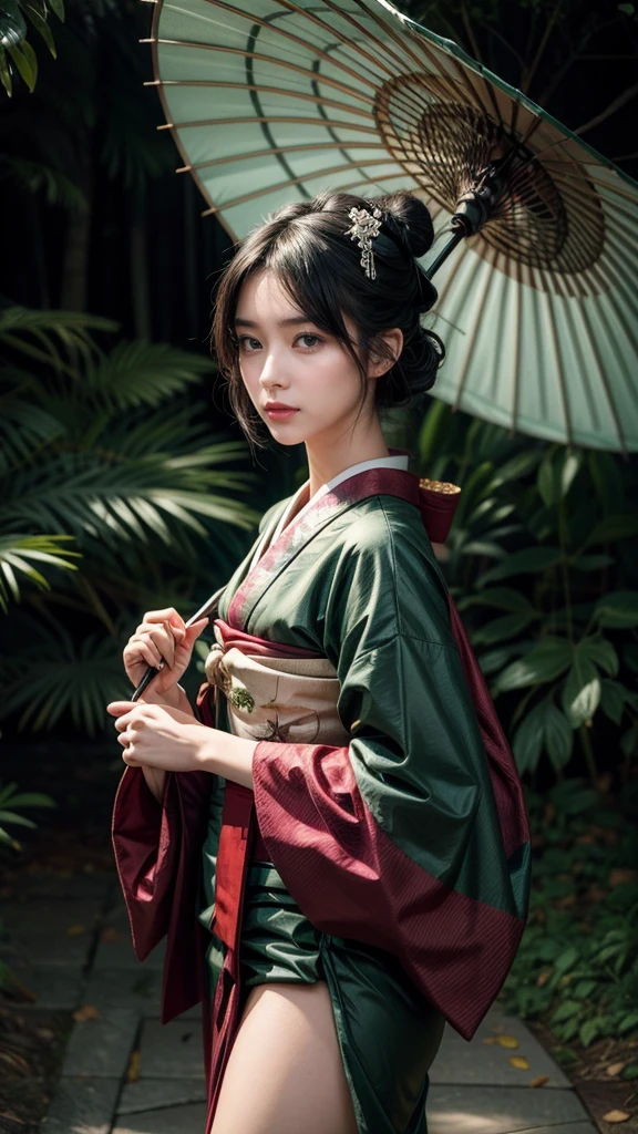 Anime dark skin geisha green eyes holding umbrella, fan