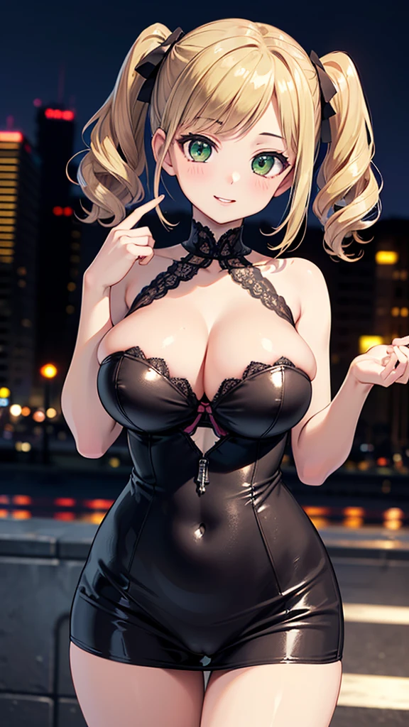 (masterpiece:1.3, Highest quality, Ultra-high resolution, Very detailed), (Realistic:1.1, photoRealistic:1.4), Beautiful illustrations, Perfect lighting,Written boundary depth, Beautiful detailsまでこだわった髪, Beautifully detailed face, Beautiful details, Beautiful clavicle, Beautiful body, Beautiful and juicy breasts, Beautiful thighs, Beautiful legs, View your audience, 1 girl,Perfect Face, (Perfect Anatomy, Anatomically correct), Cute and symmetrical face、Baby Face、((Shiny Hair)),(Beautiful views),(Outdoor,Blurred night cityscape),(かわいいsmile, smile)、Sexy Body、(masterpiece),(Highest quality:1.3),8k,Very clear,(Ultra-realistic), One Girl,Wide Shot,((Large Breasts)),Wide Hips,Beautiful legs, Captivating woman、(masterpiece、Highest quality、Very detailedな)、(())、((blonde,short hair, Twin tails, Two Side Up Hair,Curly Hair))、((とてもLarge Breasts:2.0))、Cleavage、,(Highest quality), Realistic, (Live Action, Intricate details), ((Immature nude))、((Bold and sexy outfit)), ((Open your lips))、((Big green eyes)),((OutdoorBlurred night cityscape))、Are standing、Cowboy Shot、Strike a bold pose、Completely naked、