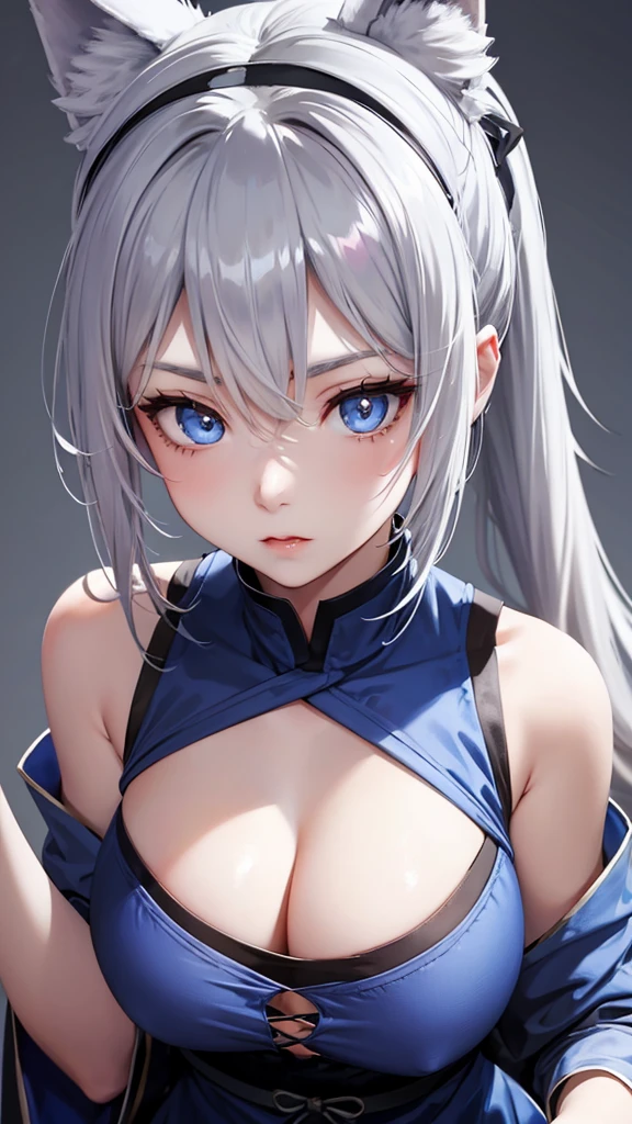 Wolf girl,gray hair tied in a ponytail,wolf ears,blue eyes,frightening look,oriental dress in blue,big breasts,close-up