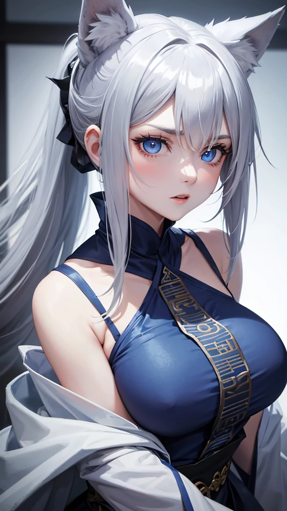 Wolf girl,gray hair tied in a ponytail,wolf ears,blue eyes,frightening look,oriental dress in blue,big breasts,close-up