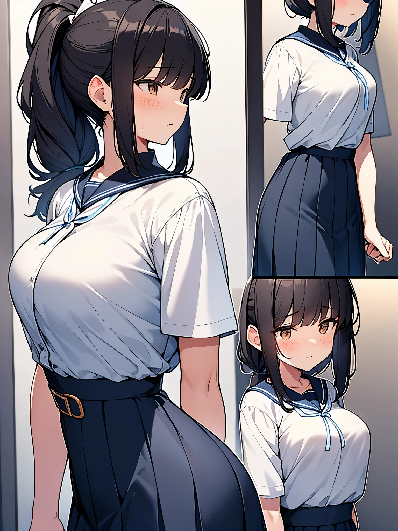 Composition seen from the side Profile Looking away:3.6 Surprised woman with light in her eyes Apartment room Full body view Sweat High ponytail:3.6 Working adult, white summer sailor uniform, dark blue collar, dark blue ribbon, dark blue skirt, short black hair, straight hair, hair tie Sweep your bangs to the side:2.4. Slanted eyes, brown eyes, tall, strong-willed, beautiful Tall and slender with large breasts