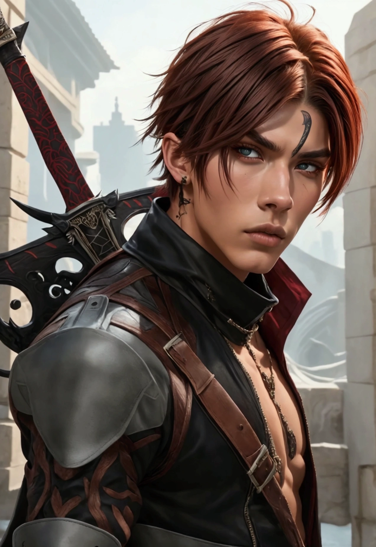 Valentina Brown hair, male, Red eyes, serious expression, monster hunter style, hand sword, Ruffian, high detailsBeautiful streetwear style Instagram influencer , beautiful , Hyperrealista, 22 years , impeccable figure, anatomically perfect body