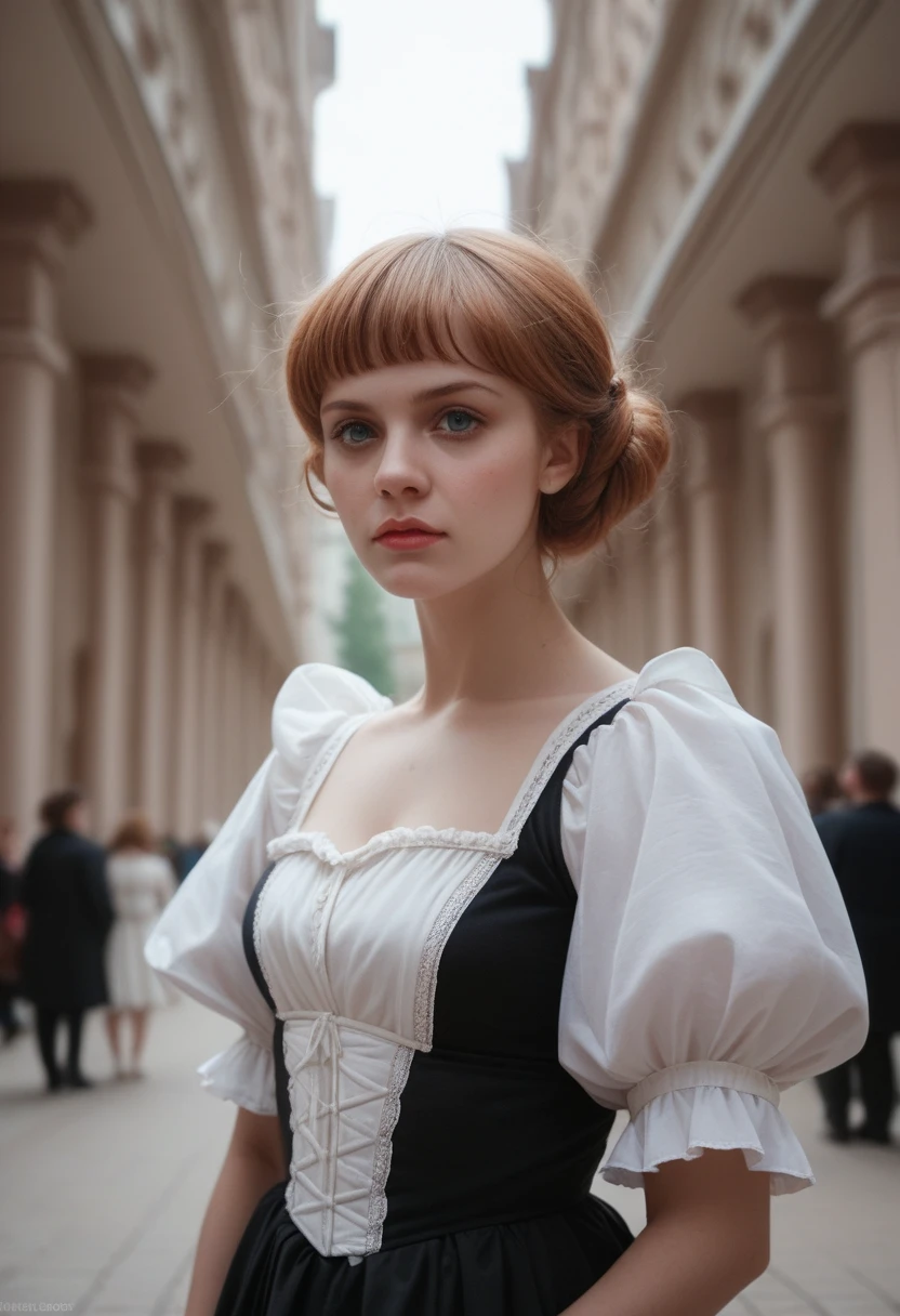 RAW photo. Anna Karenina 22 years old, dressed in period clothing, Russia, 19th century AD, perspective, half body detail, sharp focus, slight blending, detail, feeling like it's medieval, (high skin detail: 1.2), 8k hd, dslr , Soft light, high quality, grainy Fujifilm XT3 films.