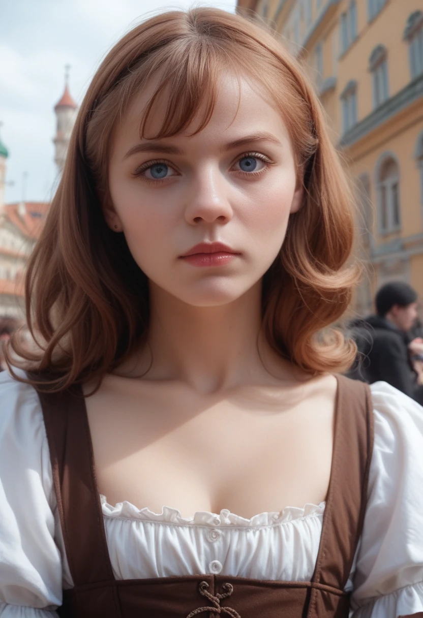 RAW photo. Anna Karenina 22 years old, dressed in period clothing, Russia, 19th century AD, perspective, half body detail, sharp focus, slight blending, detail, feeling like it's medieval, (high skin detail: 1.2), 8k hd, dslr , Soft light, high quality, grainy Fujifilm XT3 films.