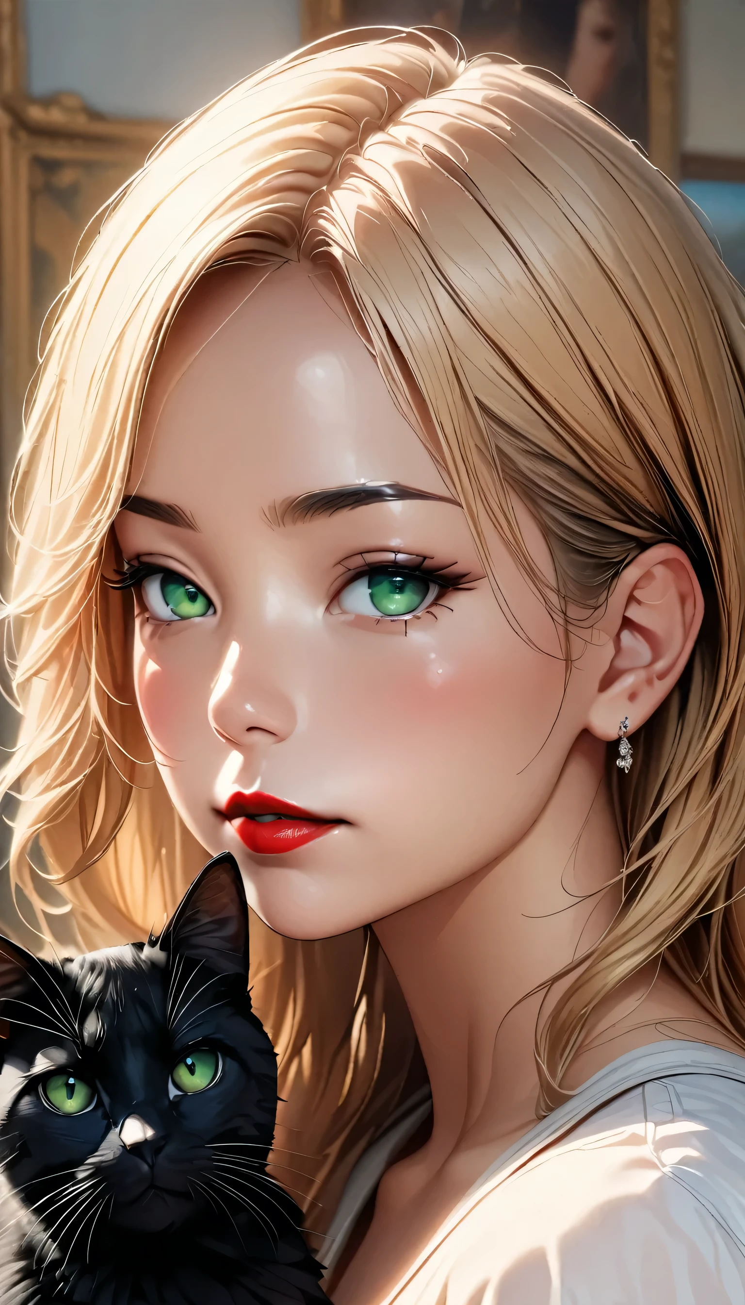 (((masterpiece))),(((Highest quality))),((Very detailed)),8k, alone, beautiful girl, (Very delicate and beautiful face), (Beautiful eyes in every detail), Black cat, compensate, blush, lipstick, Red lips, Portraiture, Realistic, Green Eyes, View your viewers, Painting, butterfly,