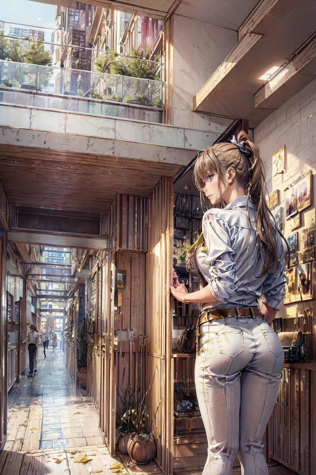 (masterpiece, Highest quality), Intricate details, 8k, Art Station, wallpaper, Official Art,  Sharp focus, One girl,Toned body、 Long Hair,ponytail,  Brown Hair, , office lady,White patent leather shirt、Black enamel tight skirt、tights、 printing, Cold Eyes , Muddy eyes、skyscraper, city, building, car, street,