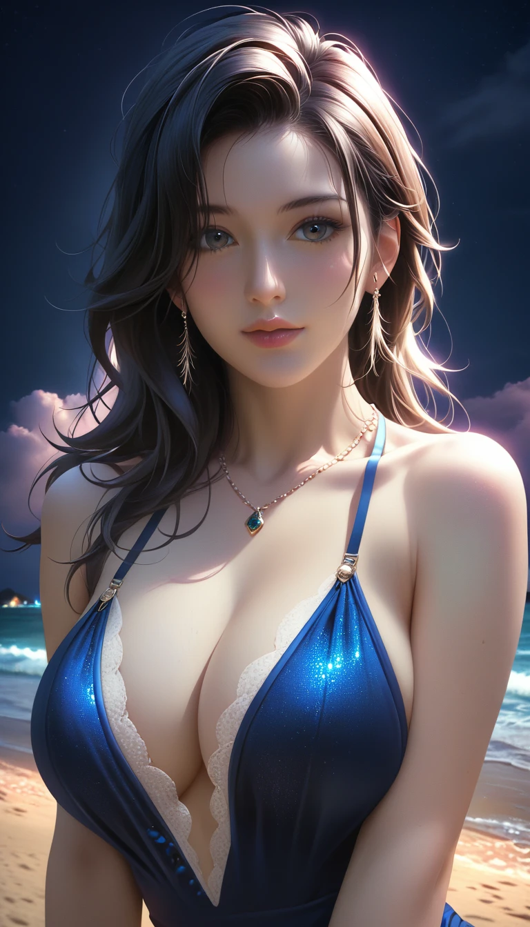 score_9, score_8_superior, score_7_superior, Masterpieces with up to 16K resolution,Highest quality,it is really amazing,Very detailed,Ultra-high resolution,(Ultra-realistic:1.1),(Realistic:1.1),Increased depth of field,Cinematic lighting,
Elegant Japanese MILF,
Long black hair,Ultra-detailed and beautiful face,Translucent white skin,Realistic skin texture,
(Elegant swimwear:1.1),
Bold design,Artistic design,Beautiful and detailed pattern,Detailed fabric texture,
Gorgeous necklace,Earrings,
(Deserted beach at night:1.4),(Dark night sky with dark clouds:1.4),
(Dramatic Angle:1.1),