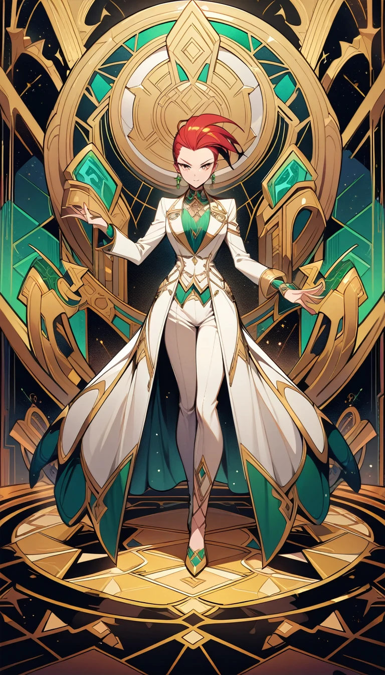 ((best quality)) , ((masterpiece)) , (detailed),Illustration of a Hearthstone card game character, a lizard in a white suit with a red mohawk dancing on a golden dance floor, with yellow lights and green decorations in the background, in the style of a cartoon.art deco style. geometric shapes, bold colors, luxurious, elegant, decorative, symmetrical, ornate, detailed