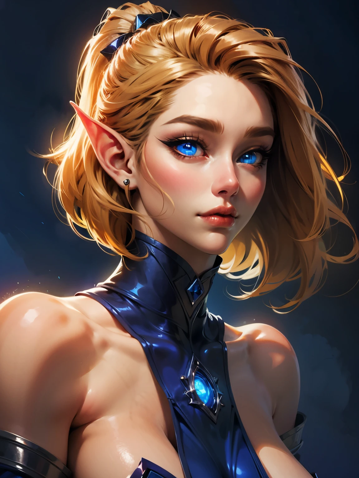 beautiful blond elven woman in her 30s, with blue eyes and striking features, exuding maturity and allure in a seductive pose.(dark-blue background), pointy ears, glowing eyes, beauty, blond medium hair, an14