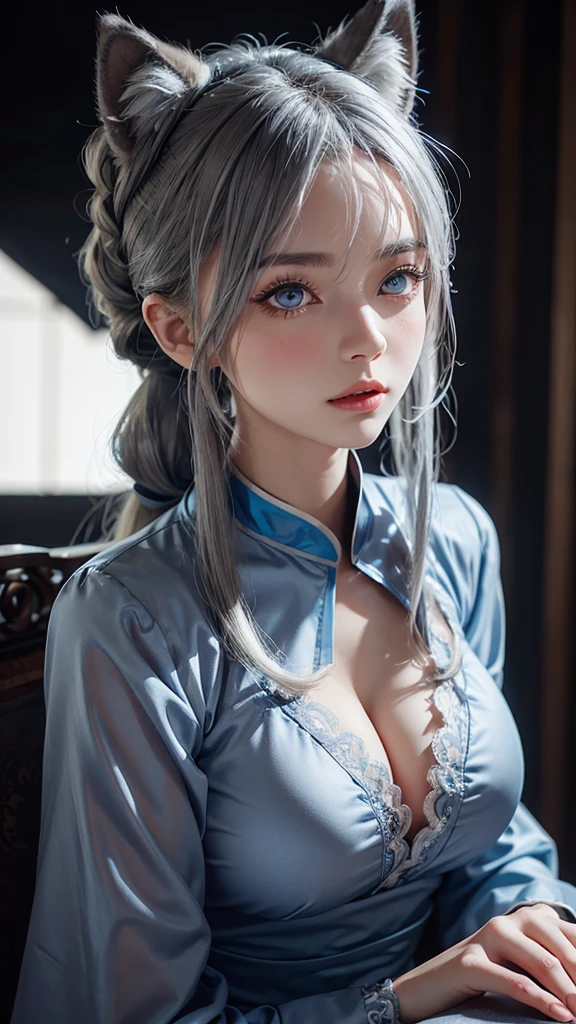Wolf girl,gray hair tied in a ponytail,wolf ears,blue eyes,frightening look,oriental dress in blue,big breasts,close-up