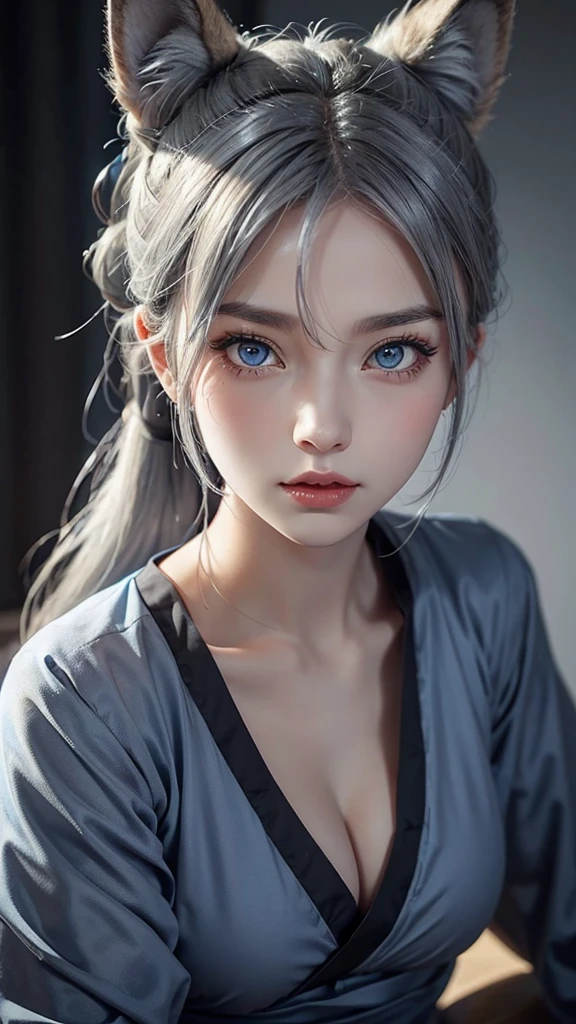 Wolf girl,gray hair tied in a ponytail,wolf ears,blue eyes,frightening look,oriental dress in blue,big breasts,close-up