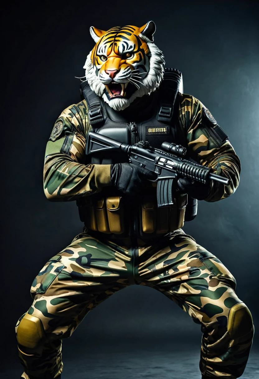 (a dark-skinned bearded fat muscular old man in a bulky army camouflage zipper diver suit) holding a gun, (wearing a small-sized realistic roaring tiger mask), dynamic action pose, fierce expression, showcasing an imposing stature, surrounded by military elements, dramatic shadows and intense highlights, cinematic color tones, high detail, powerful, art influenced by Bruce Onobrakpeya and Stanley Artgerm, ultra-detailed, best quality image, action-packed atmosphere.