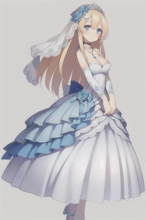 Saratoga \(warship girls r\),
(((Best quality))),((Ultra-detailed)),((illustration)),((Disheveled hair)),((frilld)),(1 girl),(Solo),
1girl,blue bow,blue flower,blue ribbon,blue rose,bouquet,breasts,dress,flower,gradient,gradient background,grey background,jewelry,long hair,necklace,petals,rose,solo,veil,wedding dress,white dress,long dress,full body,
blonde hair,blue eyes,Rating:safe,
