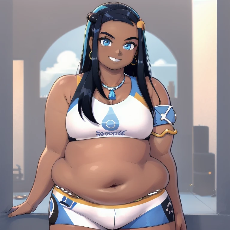 NESSA_POKEMON, 1FAT GIRL, SOLO, DARK SKIN, BLUE EYES, BLACK HAIR, BLUE HAIR, TWO-TONE HAIR, SHORTS, CROP TOP, JEWELRY, NECKLACE, EARRINGS, BIG BELLY CHAIN, ARMLET, MIDRIFF, facing viewer, looking at viewer, upper body plus, smile.