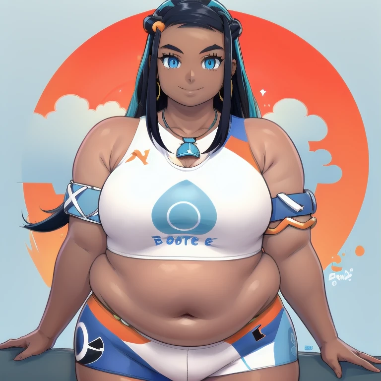 NESSA_POKEMON, 1FAT GIRL, SOLO, DARK SKIN, BLUE EYES, BLACK HAIR, BLUE HAIR, TWO-TONE HAIR, SHORTS, CROP TOP, JEWELRY, NECKLACE, EARRINGS, BIG BELLY CHAIN, ARMLET, MIDRIFF, facing viewer, looking at viewer, upper body plus, smile.