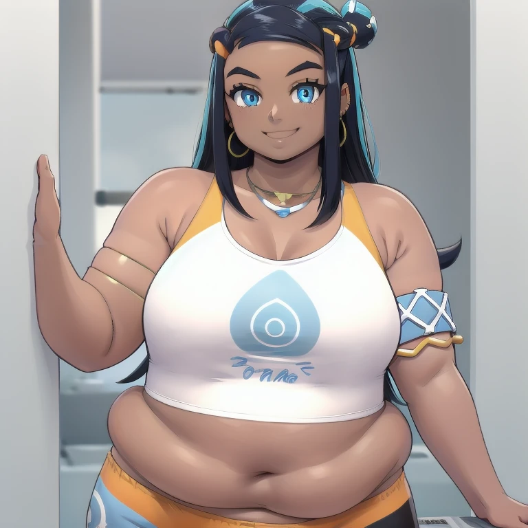 NESSA_POKEMON, 1FAT GIRL, SOLO, DARK SKIN, BLUE EYES, BLACK HAIR, BLUE HAIR, TWO-TONE HAIR, SHORTS, CROP TOP, JEWELRY, NECKLACE, EARRINGS, BIG BELLY CHAIN, ARMLET, MIDRIFF, facing viewer, looking at viewer, upper body plus, smile.