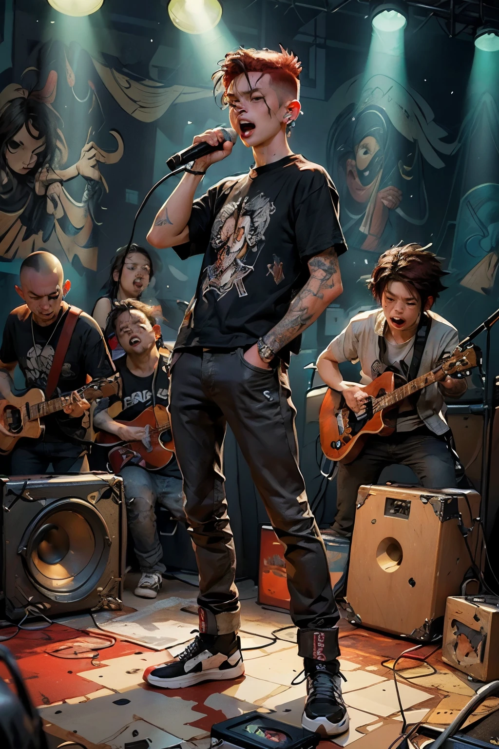 ((best quality)), ((masterpiece)), (detailed), ((best quality)), ((masterpiece)), (detailed), the skinhead group band singing, the exploited punk rock band, full body, on the stage(posters)sound system, mohawk hair(red color), in the concert, crowded people, many lightings