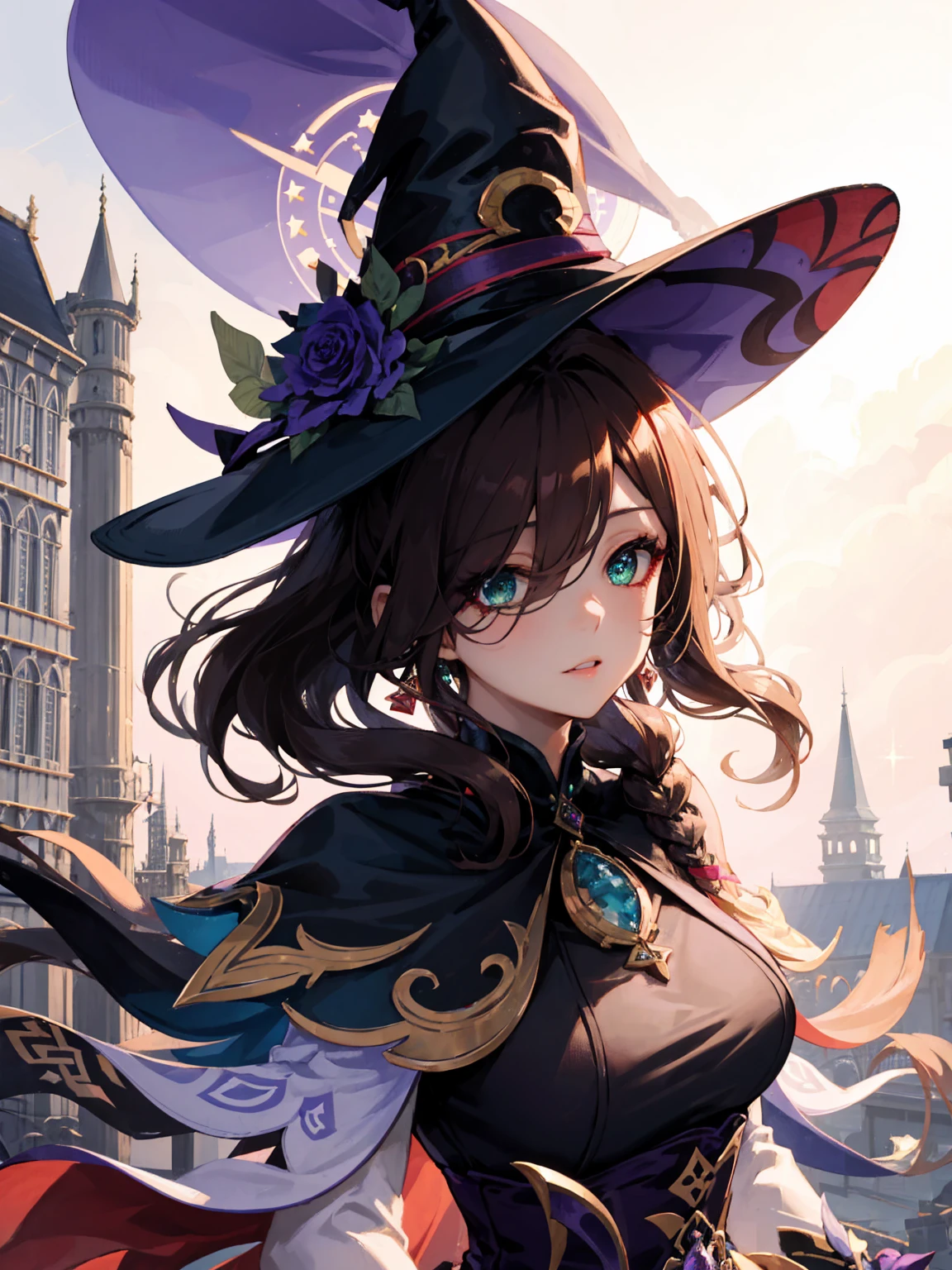 a beautiful girl, perfect face, arms at sides, masterpiece, ultra high res, high quality, 4k, upper body:1.5,  lisa (genshin impact), purple witch hat, green eyes, brown hair, (PureErosFace_V1:0.008), (european:1.6), bangs, dress, rose, jewelry, witch, capelet, purple headwear, black gloves, purple flower, hair between eyes, purple rose, parted lips, purple capelet, hat flower, multicolored dress, hair ornament, windmill, detailed iris, sparkle eyes, star in eyes, enchanting green eyes, (multicolored eyes), (shining dust), (brown hair:1.3), (messy hair:1.3), (hair between eyes), (hair over one eye:1.2), (wavy hair:1.2)