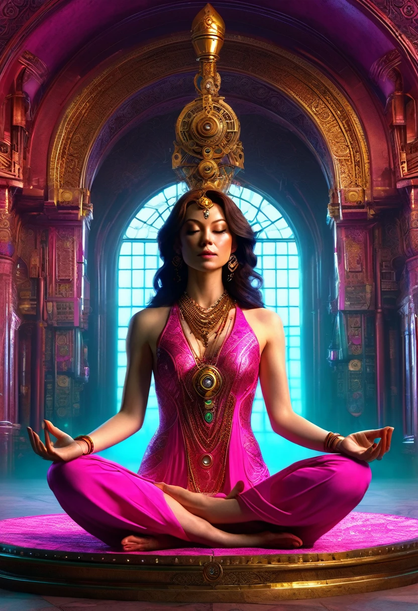 Ava Red, the Wizard of Magical Colors, mechanical priestess, Honky Tonk Girl, in a pink dress, in a meditating posture, hyper detailed, hyper detailed, elegant, hyper realistic, cinematic, dramatic, golden ratio, matte painting:10, 8k --no green, dark red --ar