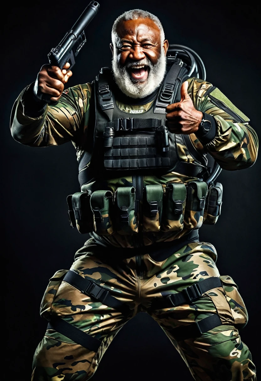(a dark-skinned bearded fat muscular elderly old man in a bulky army camouflage zipper diver suit) holding a gun, dynamic action pose, fierce expression, showcasing an imposing stature, surrounded by military elements, dramatic shadows and intense highlights, cinematic color tones, high detail, powerful, art influenced by Bruce Onobrakpeya and Stanley Artgerm, ultra-detailed, best quality image, action-packed atmosphere, thumbs up pose, laughing