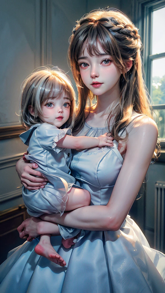 (8k, RAW photos, best quality, masterpiece: 1.4), (((Middle-aged woman holding a young child)))，Ultra-high resolution, Extremely detailed, light, Upper body close-up, handsome boy, black eyes, (delicate eyes, Eyes are bright:1.2), Gray long hair, Fair skin,dark, White Dress,Simple decoration,(perfect anatomy:1.2), High-quality shadows, Natural Lighting, (White highlights:1.2), night, cloudy day, (Home:1.2), (A happy family:1.2)