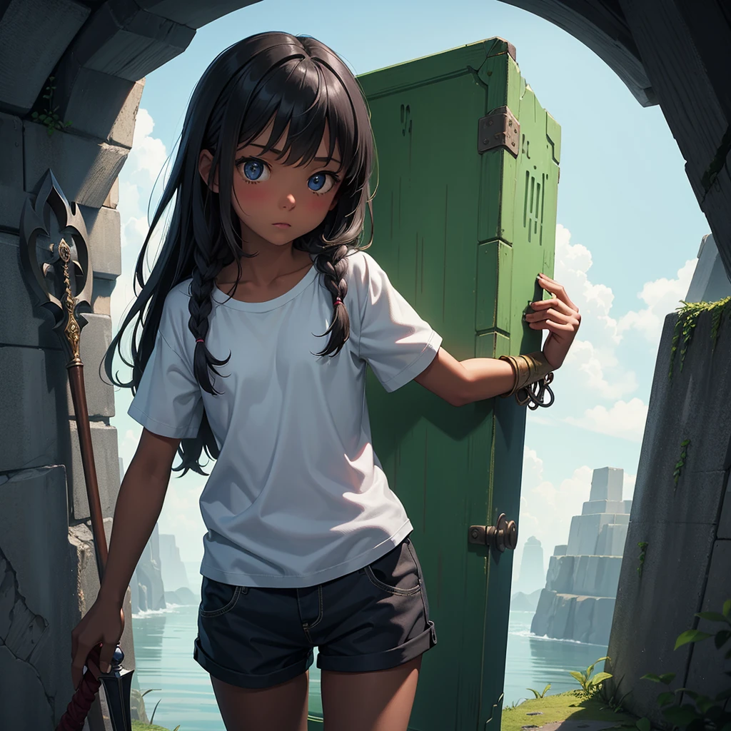 最high quality、high quality、Simple cloth clothing、１０Year old girl adventurer、Climb the maze stairs、Shorts、Equipped with a dagger and a shield、In a dark maze、The body is being swallowed by slime