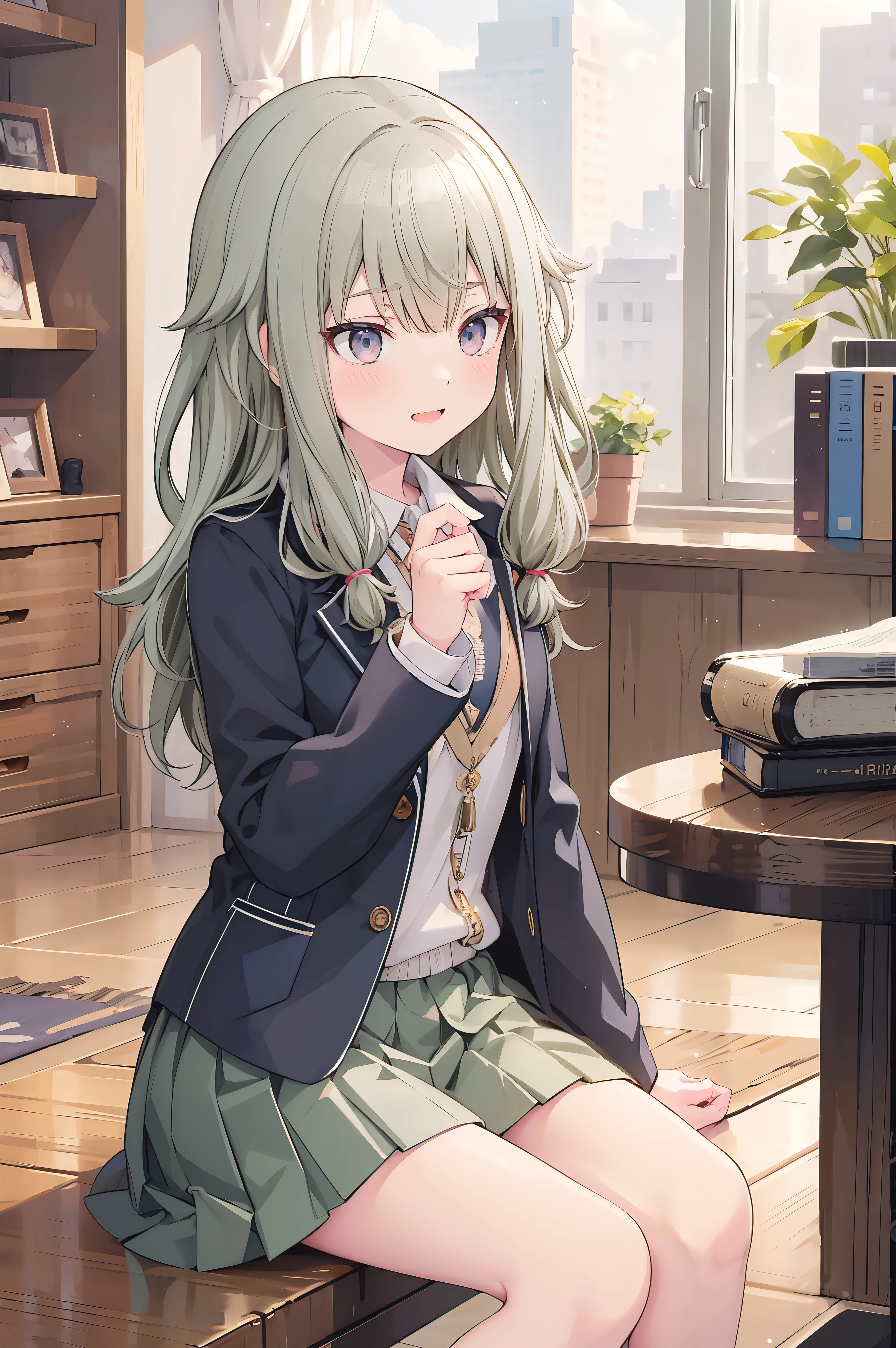 (8k, 最high quality)、Ultra-high resolution、adorable、最high quality, beautiful, Absurd beauty、masterpiece、Best image quality、(Front facing)、good feeling、smile,Face the camera、Delicate eyes、smile、Small face、female、1 person、masterpiece, Most detailed、、blazer、skirt、 high quality、♡、heart、Shiny Hair、Very fine and beautiful bright eyeedium chest、Read books too、nose blush、Very detailed, clear and beautiful face, Awards, (Anatomically correct)、The whole body is visible、Focus on the face、Sitting on the floor、Stretch your legs