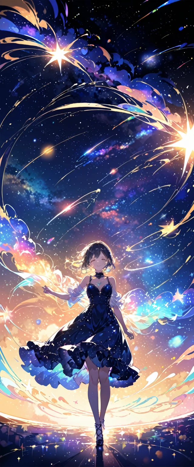 Attention to detail, Super Detail, Ultra-high resolution, A girl having a good time in a dream galaxy, Surrounded by stars, The warm light that shines on her, The background is a starry sky with colorful galaxies and galactic clouds, The stars fly around her, Delicate face, Add a playful touch ,Standing 20 meters away,