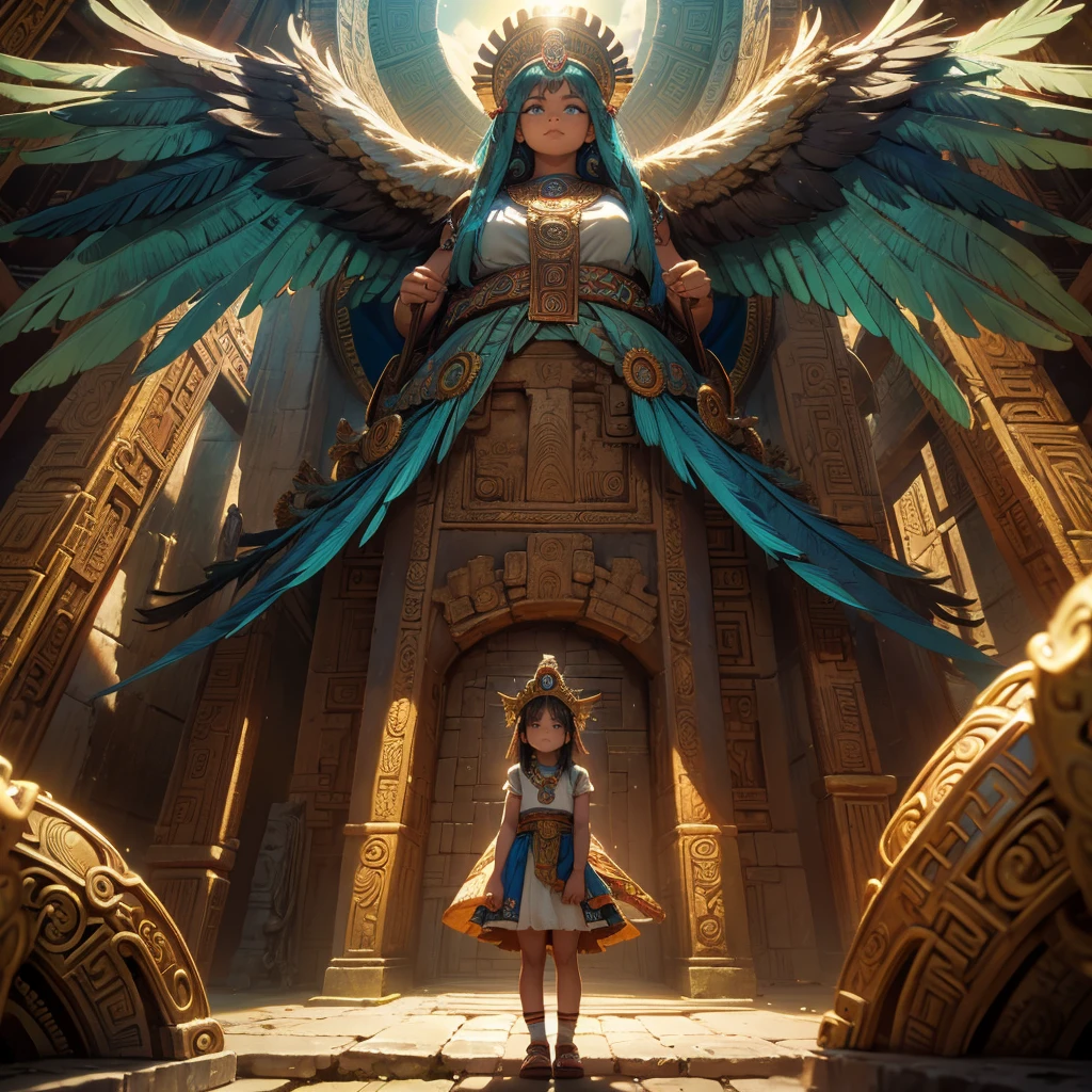Childish, high quality、Very detailed、8Year、Mayan Aztec young priestess、Flying Feathered Serpent(Quetzalcoatl Kukulkan)look up at the sky and pray、Chichen Itza Forest Temple of the Sun、mysterious、The whole body is visible