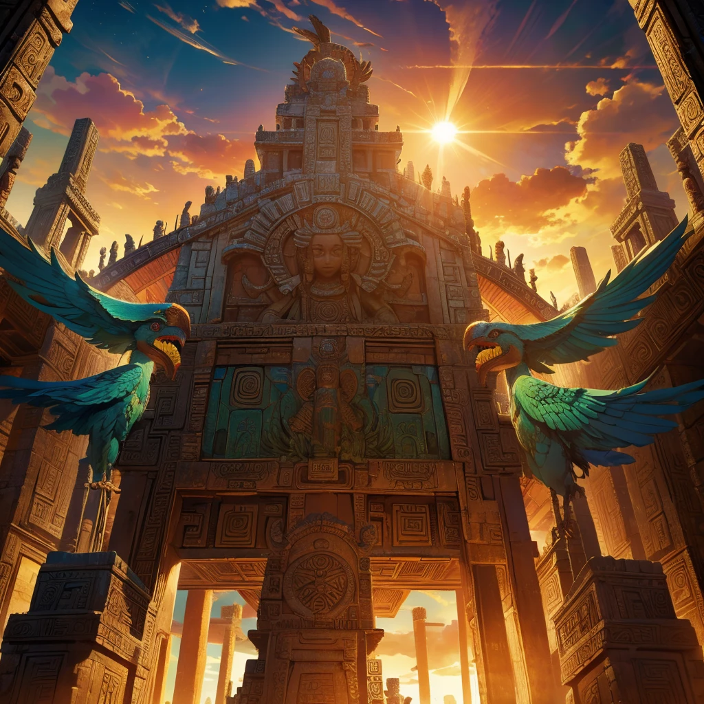 Childish, high quality、Very detailed、8Year、Mayan Aztec young priestess、Flying Feathered Serpent(Quetzalcoatl Kukulkan)look up at the sky and pray、Chichen Itza Forest Temple of the Sun、mysterious、The whole body is visible