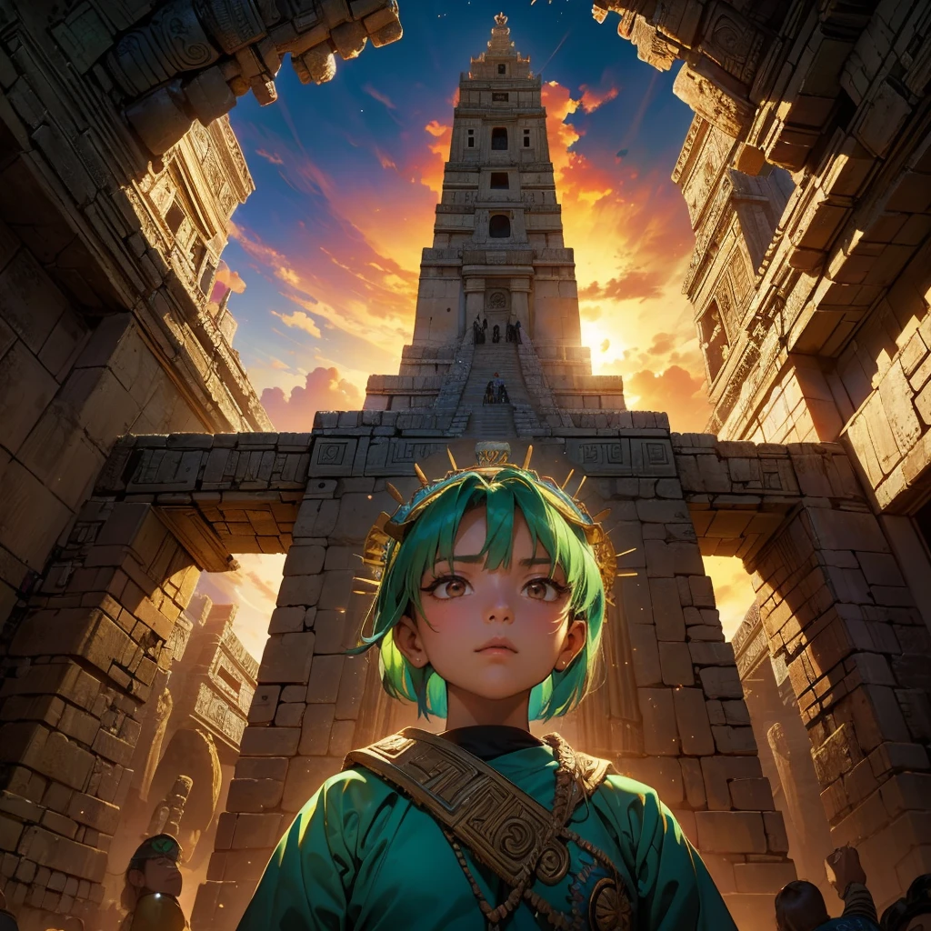 Childish,  high quality、Very detailed、８Year、Mayan Aztec young priestess、Flying Feathered Serpent（Quetzalcoatl Kukulkan）look up at the sky and pray、Chichen Itza Forest Temple of the Sun、mysterious、The whole body is visible
