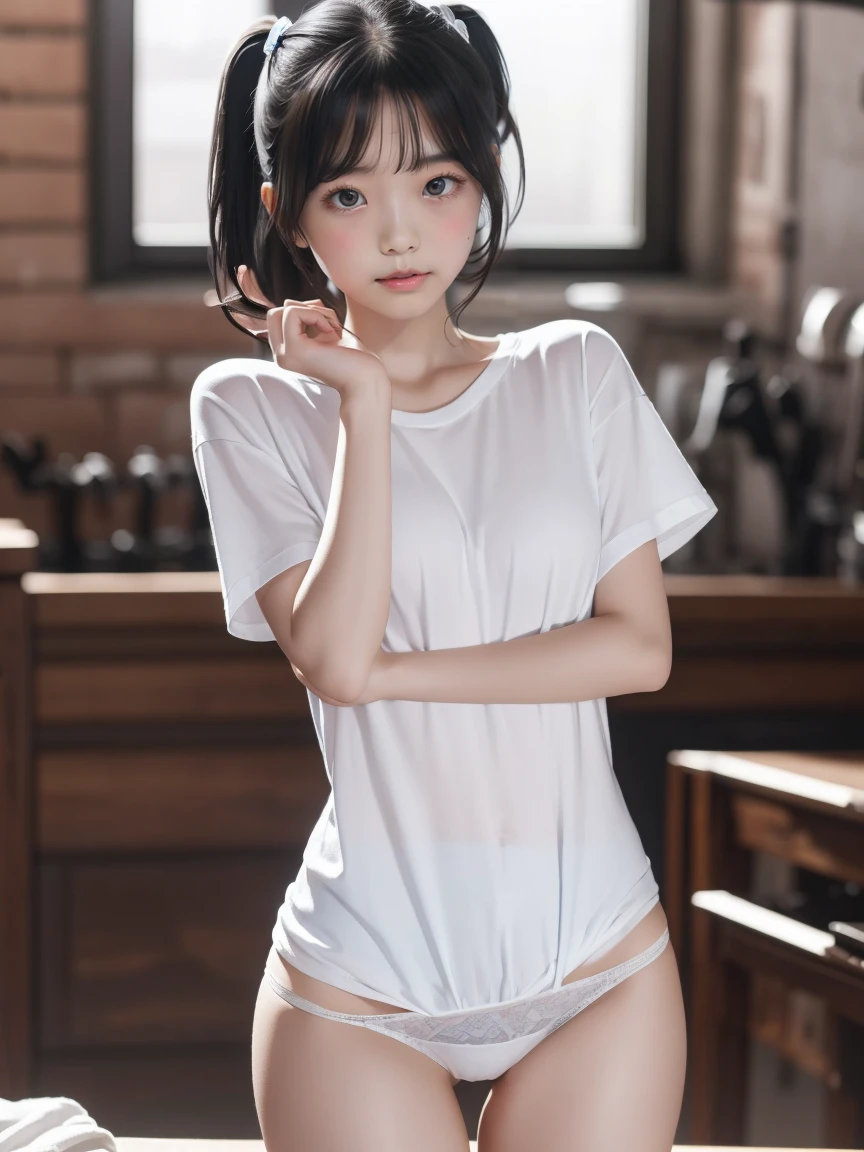 blue eyes,Highest quality,High resolution,unity 8k wallpaper,(shape:0.8),(Beautiful and exquisite:1.6),Detailed face,Perfect lighting,Detailed CG,(Perfect hands, Perfect Anatomy),Female student,White shirt,(White panties:1.0),Black Hair、Twin tails、Cut off,Shirt Tag Pose