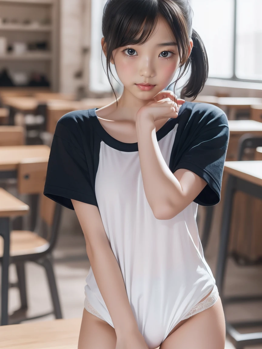 blue eyes,Highest quality,High resolution,unity 8k wallpaper,(shape:0.8),(Beautiful and exquisite:1.6),Detailed face,Perfect lighting,Detailed CG,(Perfect hands, Perfect Anatomy),Female student,White shirt,(White panties:1.0),Black Hair、Twin tails、Cut off,Shirt Tag Pose