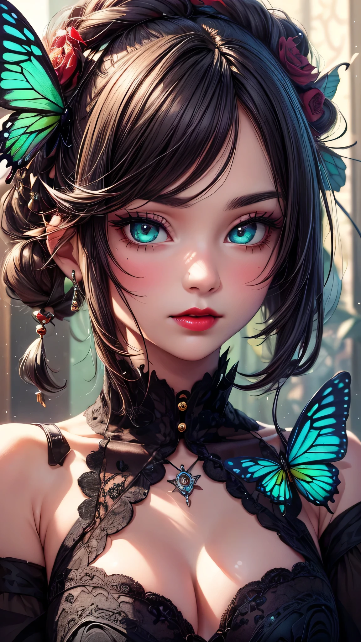 (((masterpiece))),(((Highest quality))),((Very detailed)),8k, alone, beautiful girl, (Very delicate and beautiful face), (Beautiful eyes in every detail), Black cat, compensate, blush, lipstick, Red lips, Portraiture, Realistic, Green Eyes, View your viewers, Painting, butterfly,