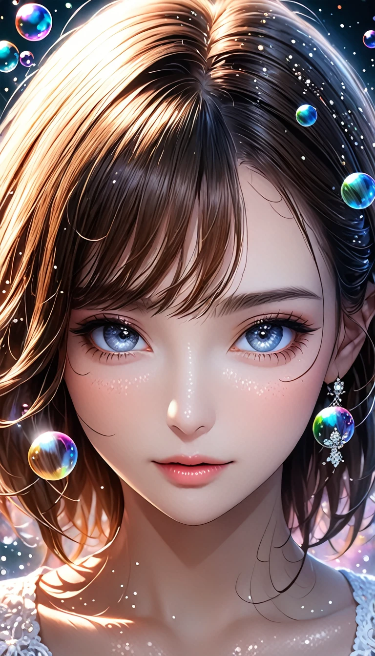 beautiful woman, portrait, shading effects, gradation magic effects, glitter effects, soap bubbles effects, foggy filter effect, (ultra detailed, absolutely resolution, best quality:1.3), 2.5D, delicate and dynamic, artistic photography, hyper realistic, graphic CG digital art