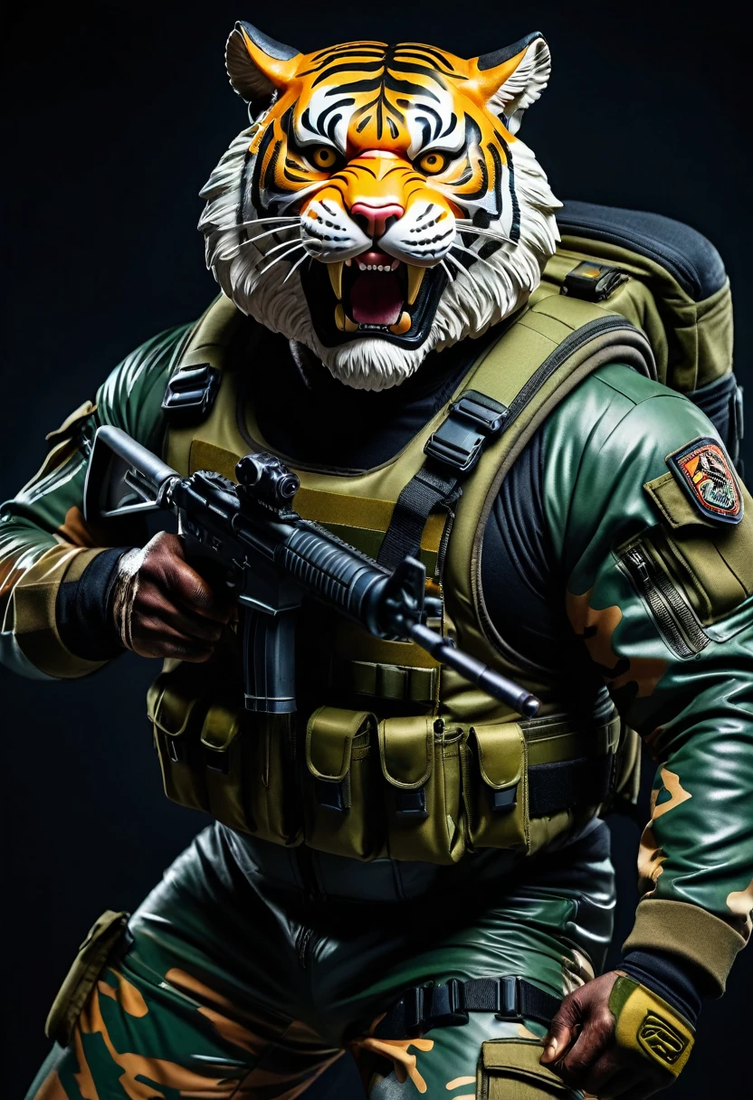 (a dark-skinned bearded fat muscular old man in a bulky army camouflage zipper diver suit) holding a gun, (wearing a small-sized realistic roaring tiger mask), dynamic action pose, fierce expression, showcasing an imposing stature, surrounded by military elements, dramatic shadows and intense highlights, cinematic color tones, high detail, powerful, art influenced by Bruce Onobrakpeya and Stanley Artgerm, ultra-detailed, best quality image, action-packed atmosphere.