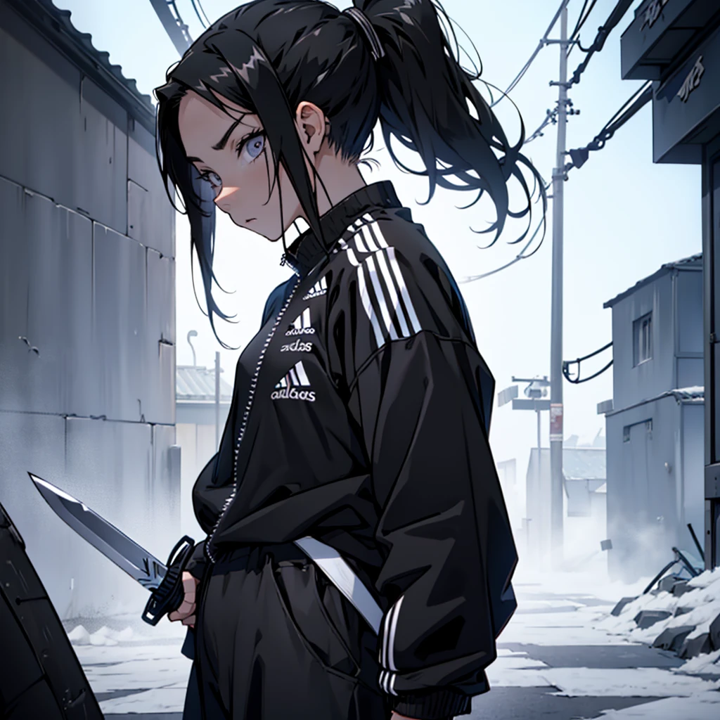 1 , 独奏 ,,anime style woman , ponytail hair ,Bblack hair  , adult,25anos , expression would be , eyes black , ice sword  , black leagwear , black pants , adidas black shirt , darkness background 