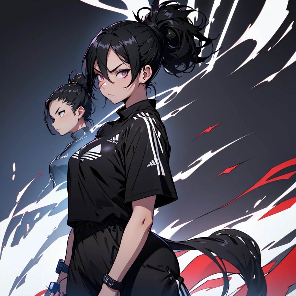 1 , 独奏 ,,anime style woman , ponytail hair ,Bblack hair  , adult,25anos , expression would be , eyes black , ice sword  , black leagwear , black pants , adidas black shirt , darkness background 