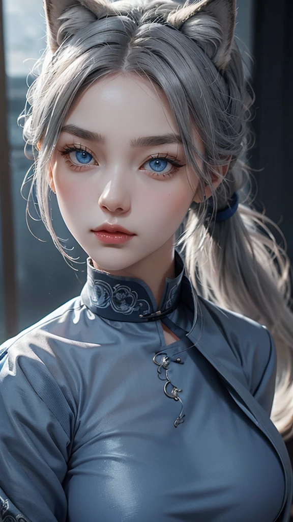 Wolf girl,gray hair tied in a ponytail,wolf ears,blue eyes,frightening look,oriental dress in blue,big breasts,close-up