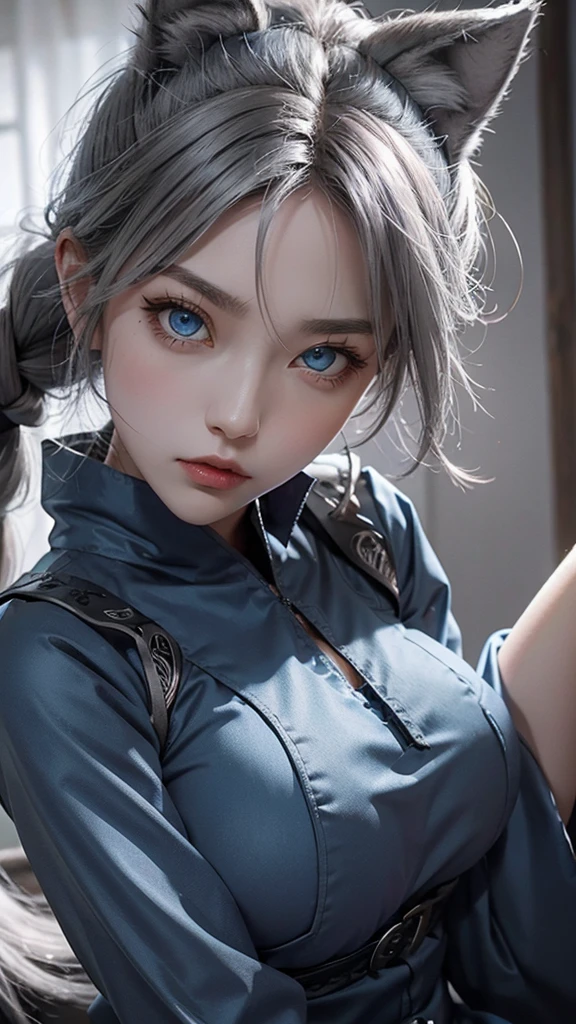 Wolf girl,gray hair tied in a ponytail,wolf ears,blue eyes,frightening look,oriental dress in blue,big breasts,close-up