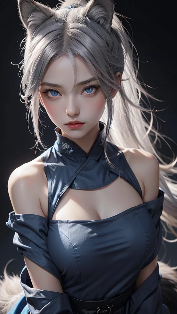 Wolf girl,gray hair tied in a ponytail,wolf ears,blue eyes,frightening look,oriental dress in blue,big breasts,close-up