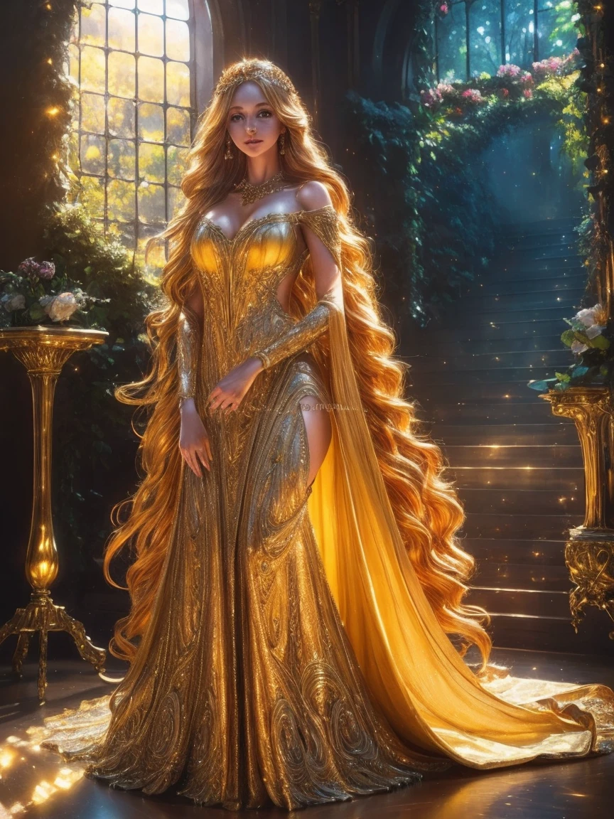 a beautiful princess, long golden dress, long golden hair, golden shoes, highly detailed, 8k, photorealistic, intricate details, elegant, radiant, glowing, warm lighting, natural lighting, studio lighting, lush environment, detailed background, fantasy landscape, cinematic composition, dramatic lighting, rich color palette, vibrant colors, hyper-detailed, masterpiece, photo-real
