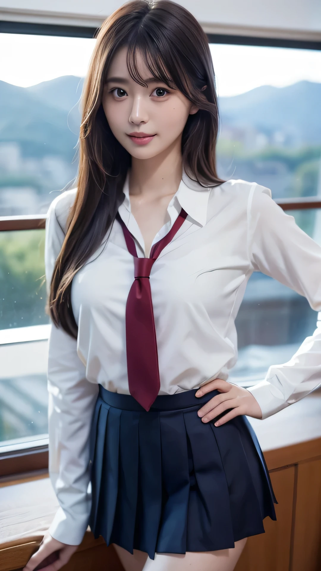 (masterpiece:1.3, Highest quality, Ultra-high resolution, Super detailed), (Realistic, photoRealistic:1.4), Perfect lighting, Natural light, colorful, Depth of written boundary,
Beautiful detailed hair, Beautifully detailed face, Beautiful attention to detail, Beautiful clavicle, Beautiful body, Beautiful , Beautiful thighs, Beautiful feet, Beautiful fingers,
View your viewers, 1 girl, Japanese, high school girl, Perfect Face, (Perfect Anatomy, Anatomically correct), Cute and symmetrical face, Baby Face, , Glowing Skin,
(Mid-length hair:1.5, Straight hair:1.4, Blonde), Swept-apart bangs, Deep purple eyes, Long eyelashes, (Medium chest), thin,
((White collared shirt, Navy Pleated Skirt, Dark red tie)), Navy School Socks, ,
(Beautiful views), evening, (Hot Spring Town), Are standing, Place your hand on your chest, (Captivating smile, Open your mouth),