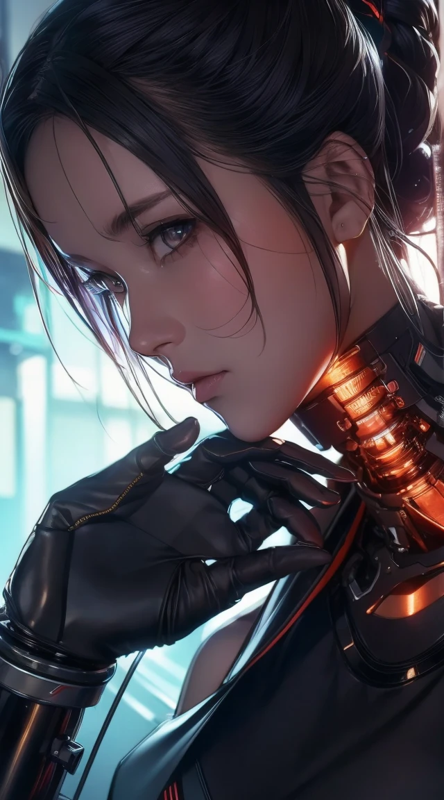 1. Machine Girl,((Ultra-Realistic Details)), Portraiture, Global Illumination, Shadow, Octane Rendering, 8k, Ultra Sharp,Metal,Complex, Decorations detailed, Cool colors, More about Egypt, highly Complex details, Realistic Light, Trending on CGSociety, Glowing Eyes, To the camera, Neon Details, Mechanical limbs,Blood vessels connected to tubes,Mechanical vertebrae attached to the back,Cervical vertebrae mechanically attached to the neck,Sitting,Wires and cables connecting to the head